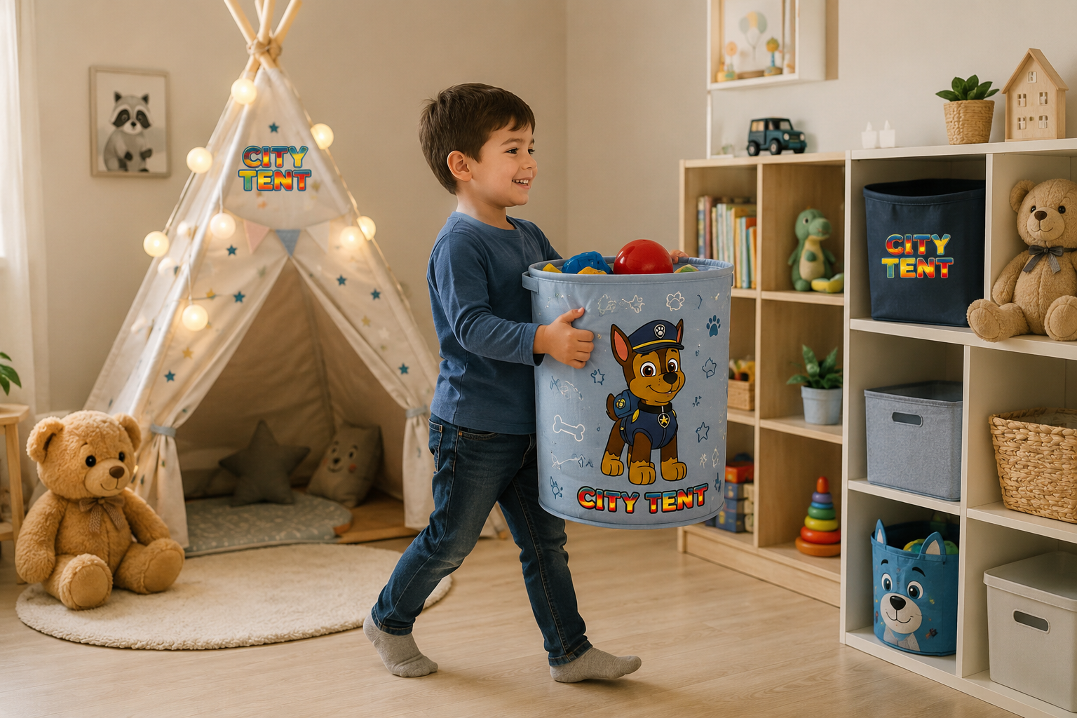 کودک در حال حمل سبد اسباب بازی پارچه ای